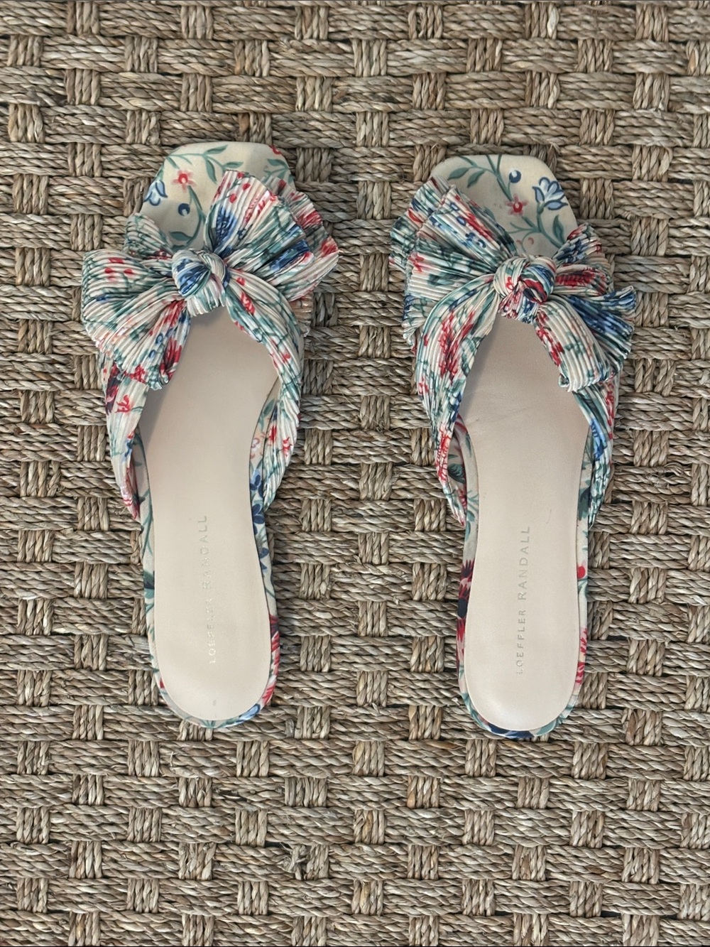 Loeffler Randall Floral Knot Slide Mules in Cream, Blue & Red